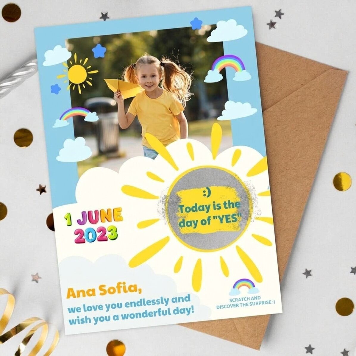 Gepersonaliseerde kraskaart met foto en boodschap voor kinderen op 1 juni