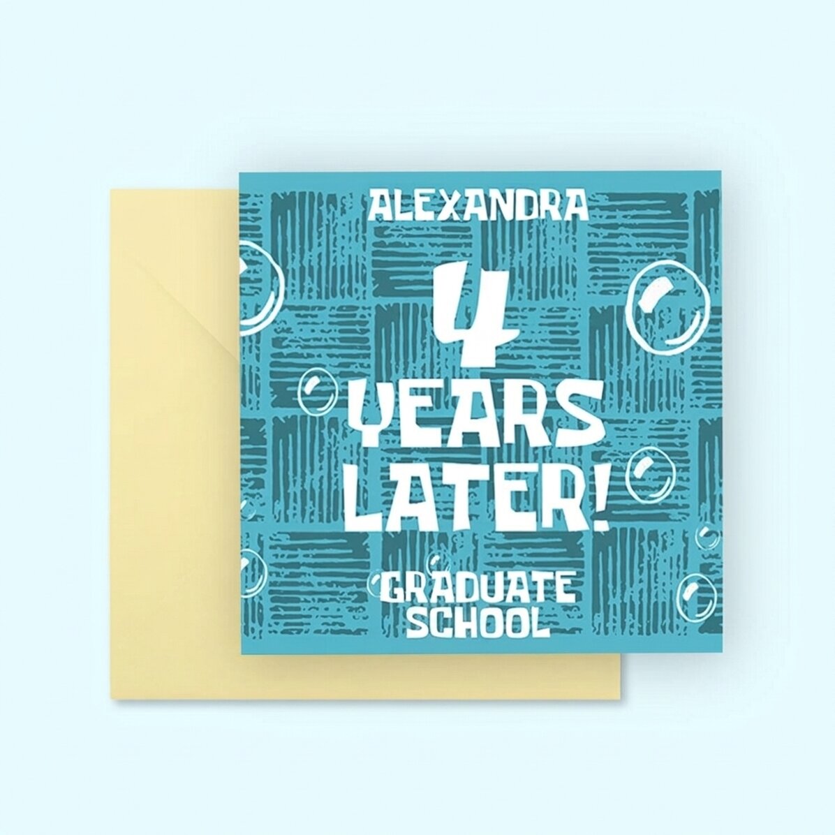 Gepersonaliseerd vierkant kaartje met tekst - 4 years later