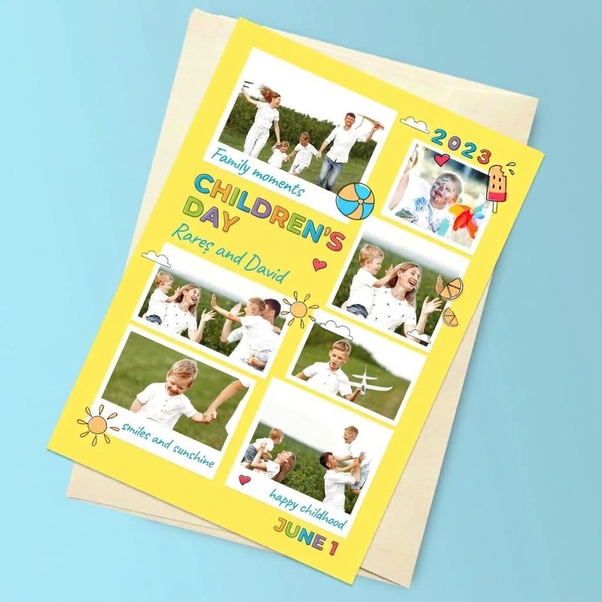 Gepersonaliseerde magnetische wenskaart met 7 foto’s en een boodschap - Kinderdag