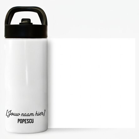 Thermosfles met handvat en gepersonaliseerd rietje met 2 regels tekst