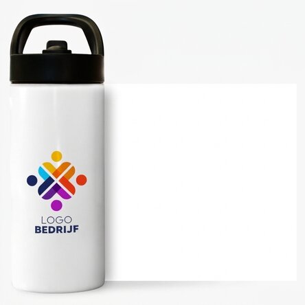 Thermosfles met handvat en rietje, gepersonaliseerd met logo