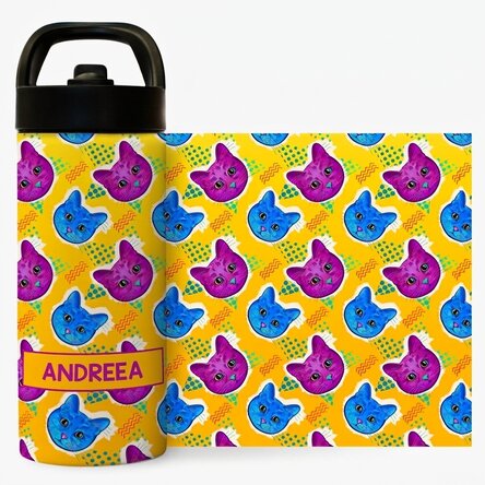 Thermosfles met handvat en rietje, gepersonaliseerd met naam - Kleurrijke katjes