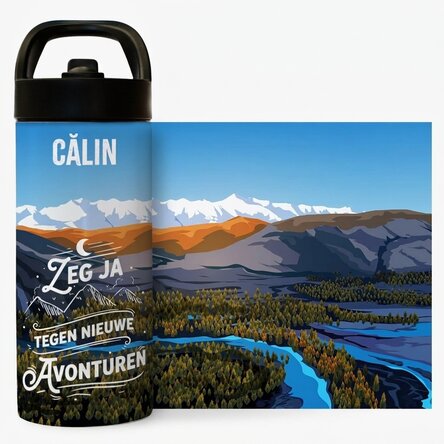 Thermosfles met handvat en rietje, gepersonaliseerd met naam - New adventures