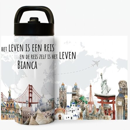 Thermosfles met handvat en rietje, gepersonaliseerd met naam - Reizen is het leven