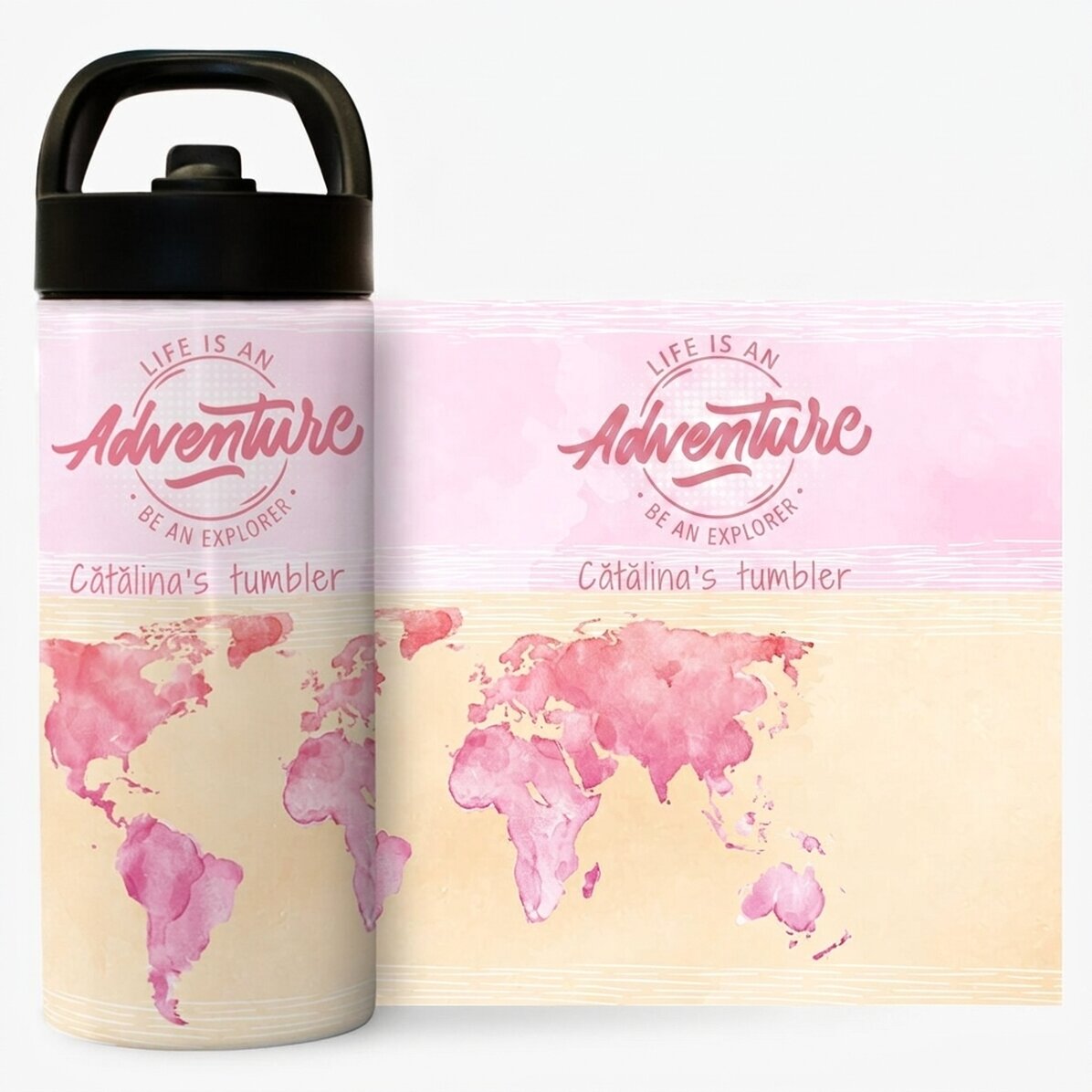Thermosfles met handvat en rietje, gepersonaliseerd met naam - Be an explorer