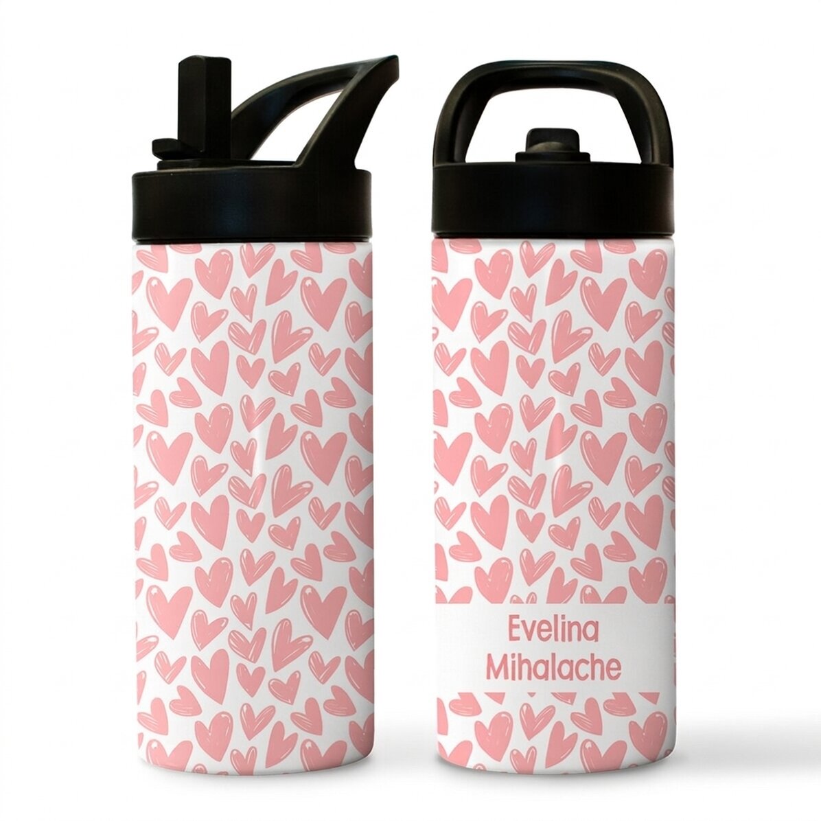 Thermosfles met handvat en rietje, gepersonaliseerd met naam - Hartjes