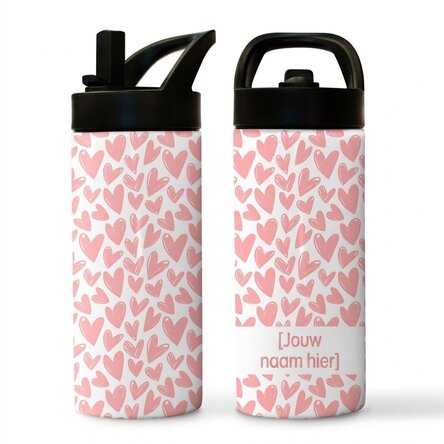 Thermosfles met handvat en rietje, gepersonaliseerd met naam - Hartjes