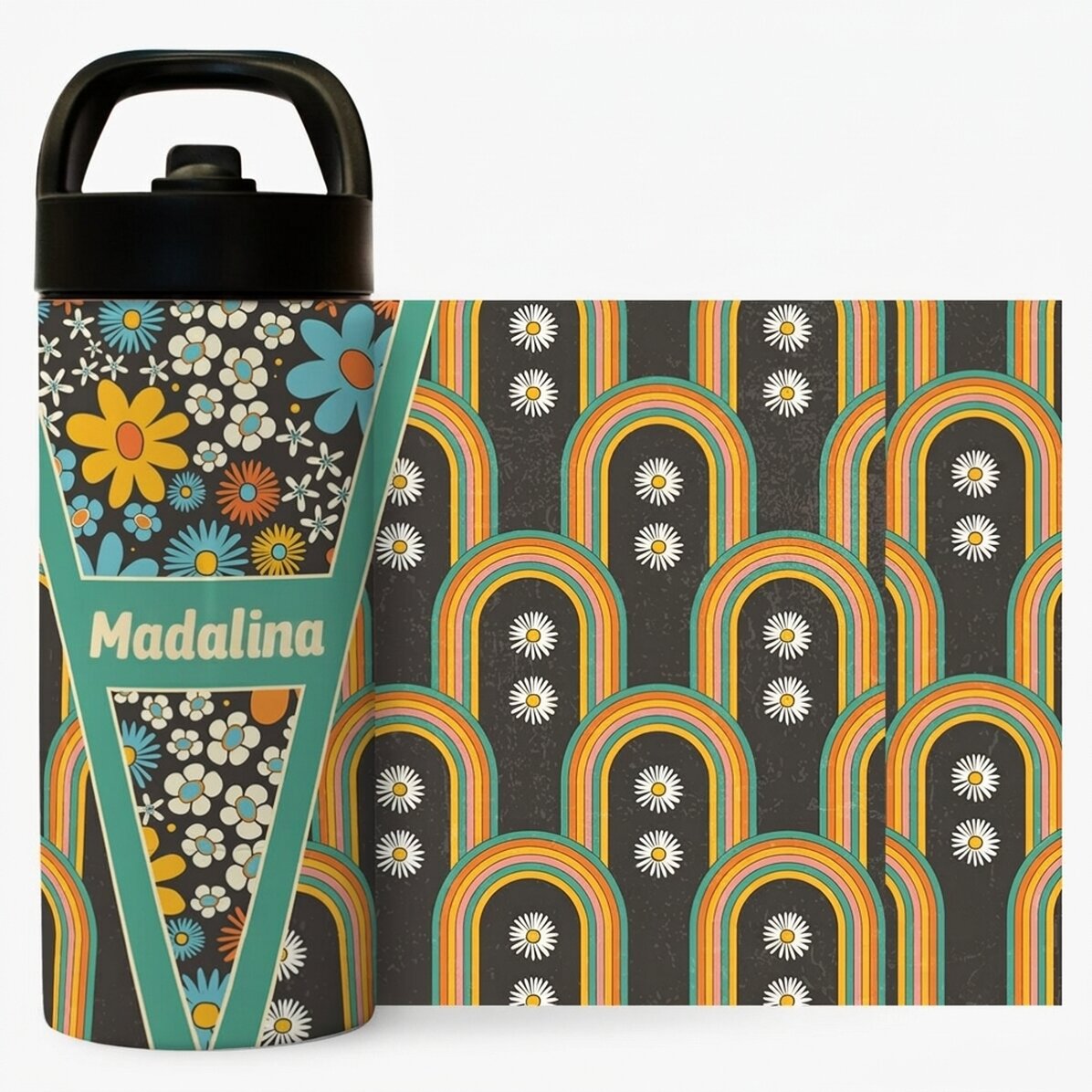 Thermosfles met handvat en rietje, gepersonaliseerd met naam - Bloemen en regenboog
