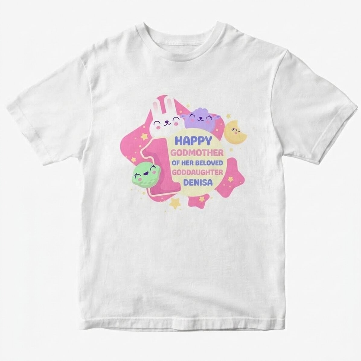Katoenen T-shirt met gepersonaliseerde tekst (meisjesmodel) - 1-jarig verjaardagsfeestje