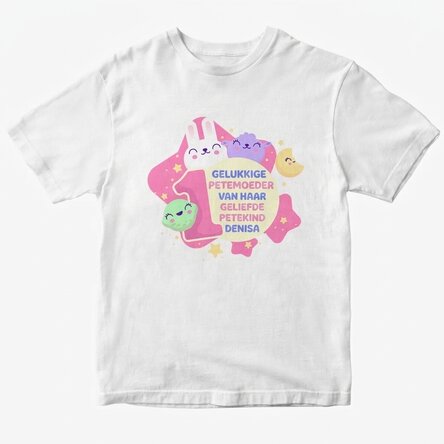 Katoenen T-shirt met gepersonaliseerde tekst (meisjesmodel) - 1-jarig verjaardagsfeestje