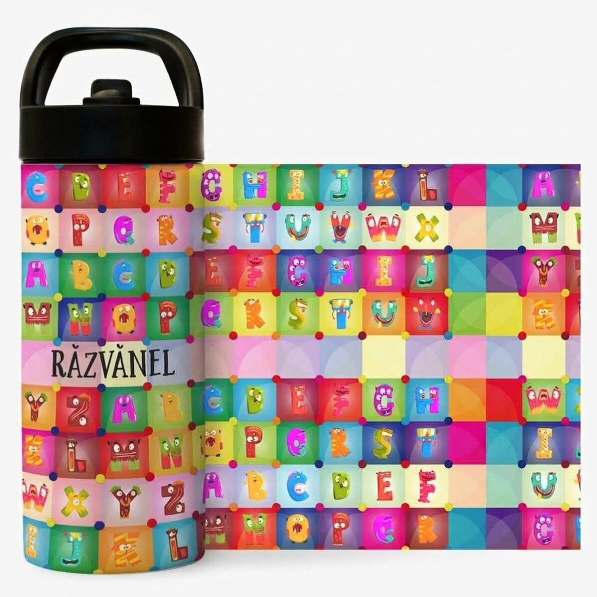 Thermosfles met handvat en rietje, gepersonaliseerd met naam - Alfabet