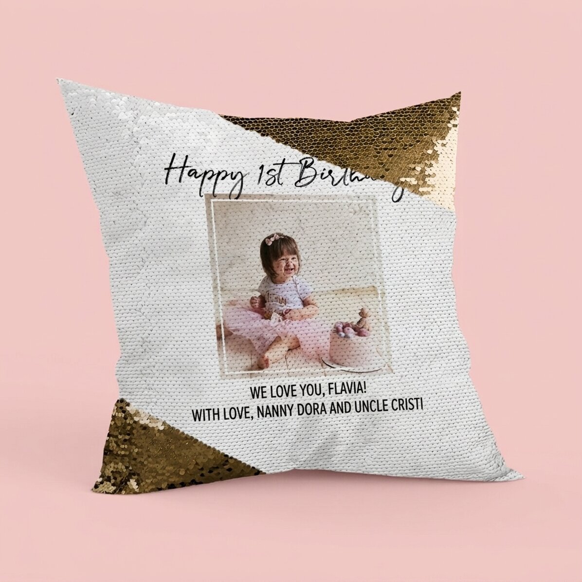 Gepersonaliseerd kussen met een foto en tekst - Happy Birthday - Gouden pailletten