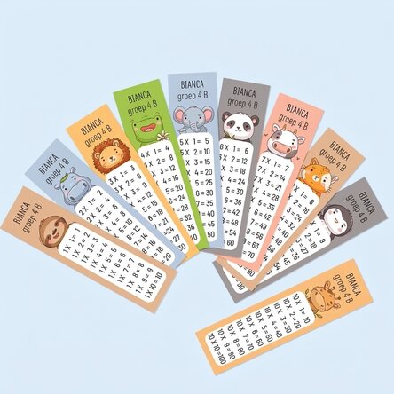 Set van 10 gepersonaliseerde boekenleggers met tekst - De tafel van vermenigvuldiging
