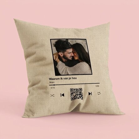 Gepersonaliseerd kussen met een foto, tekst en QR-code - Ons liedje - In
