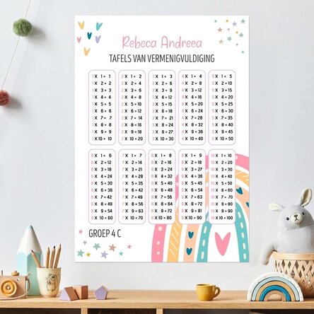 Gepersonaliseerde poster met naam en de tafel van vermenigvuldiging - Regenboog
