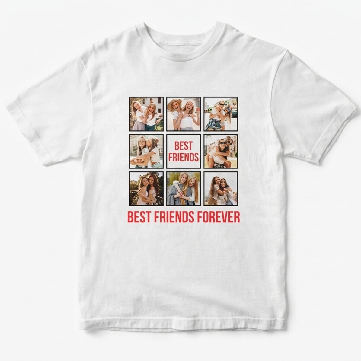 Gepersonaliseerd katoenen T-shirt met 8 foto’s en tekst - Best Friends Forever