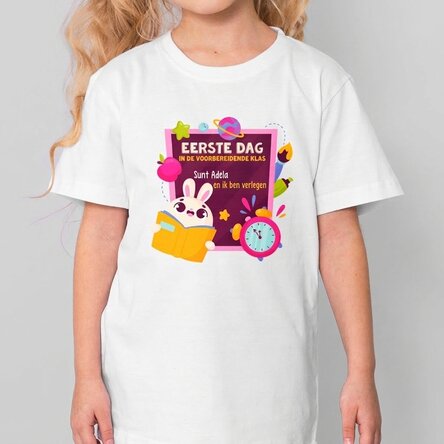 Katoenen T-shirt voor meisjes, gepersonaliseerd met tekst - De eerste dag in de kleuterklas