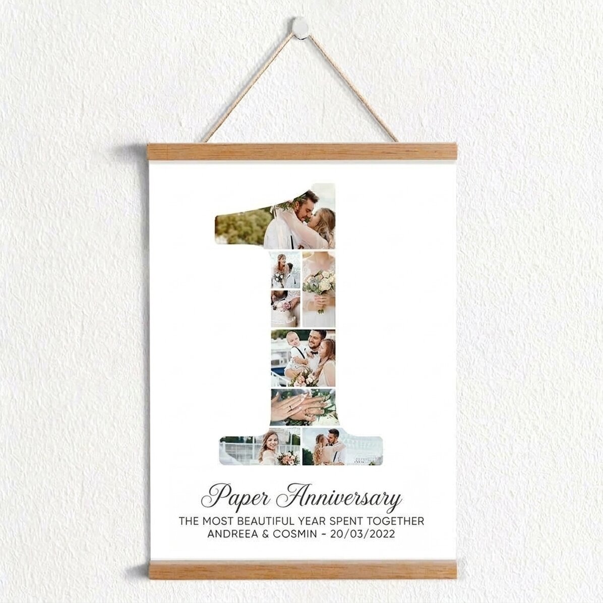 Gepersonaliseerde poster met het cijfer 1, foto’s en een boodschap – Relatiejubileum