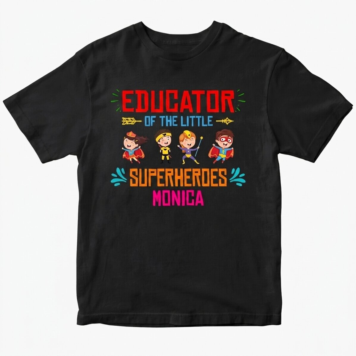 Katoenen T-shirt met gepersonaliseerde tekst - De juf van de kleine superhelden