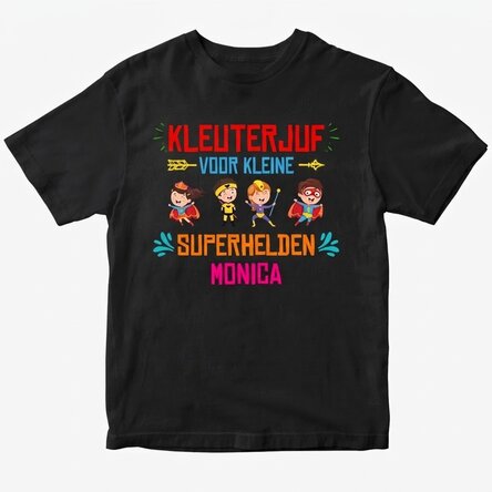 Katoenen T-shirt met gepersonaliseerde tekst - De juf van de kleine superhelden