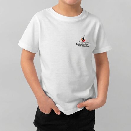 Katoenen T-shirt voor kinderen, gepersonaliseerd met het logo van de onderwijsinstelling en de naam