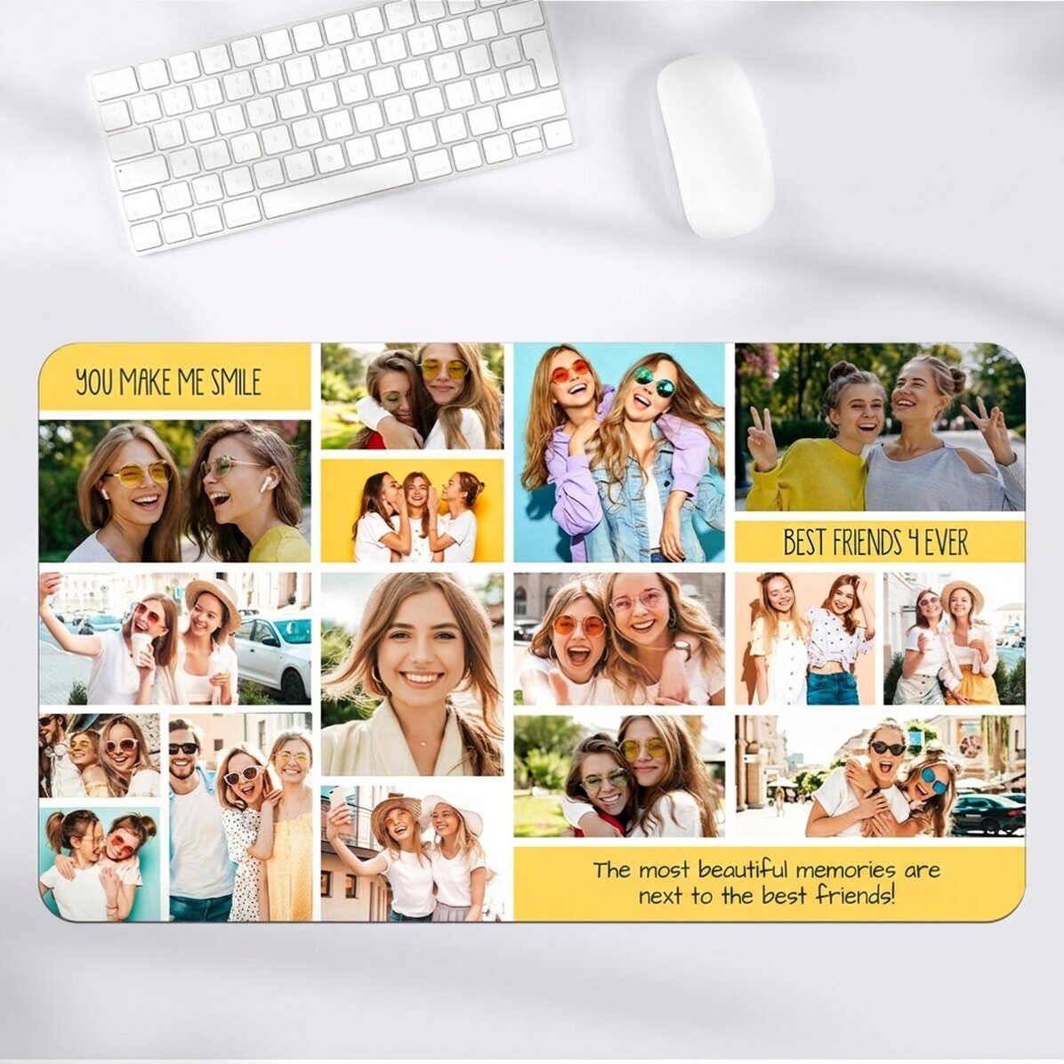 Gepersonaliseerde XXL-muismat met een collage van foto’s en tekst