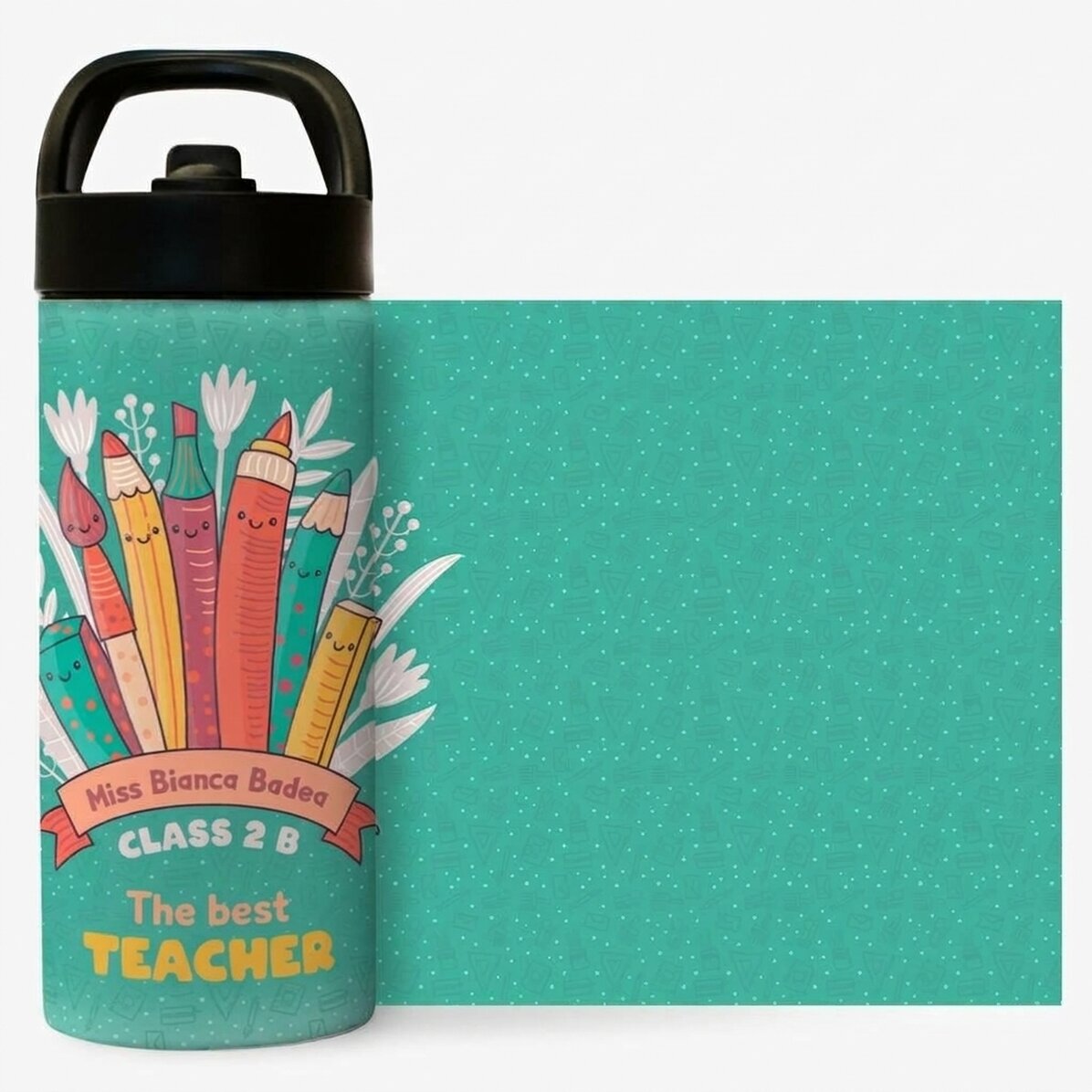 Thermosfles met handvat en rietje, gepersonaliseerd met naam - De beste juf