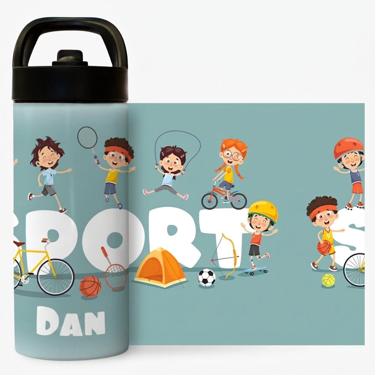 Thermosfles met handvat en rietje, gepersonaliseerd met naam voor kinderen - Sport