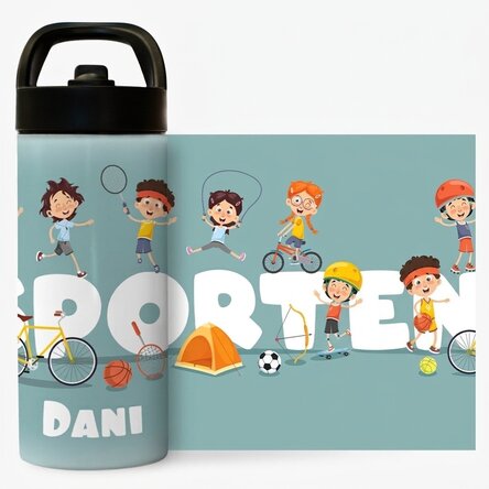 Thermosfles met handvat en rietje, gepersonaliseerd met naam voor kinderen - Sport