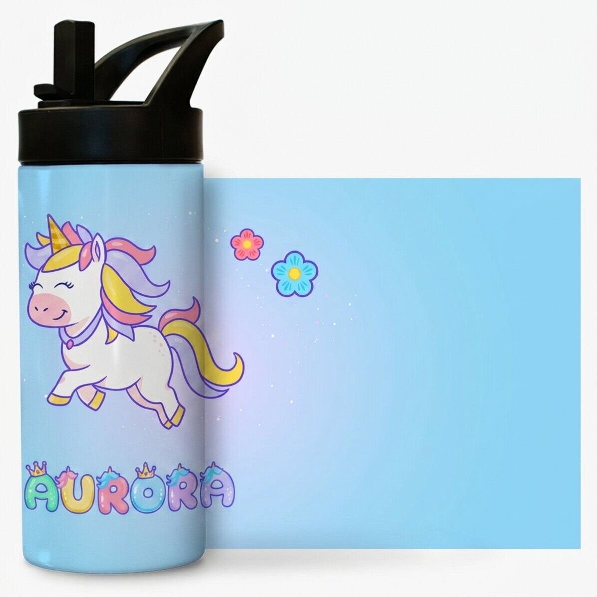 Thermosfles met handvat en rietje, gepersonaliseerd met naam - Eenhoorn