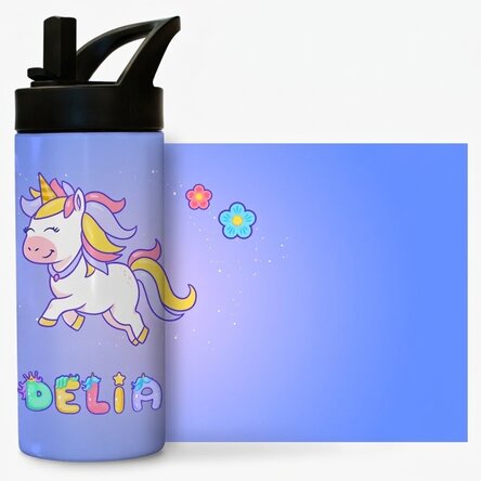 Thermosfles met handvat en rietje, gepersonaliseerd met naam - Eenhoorn