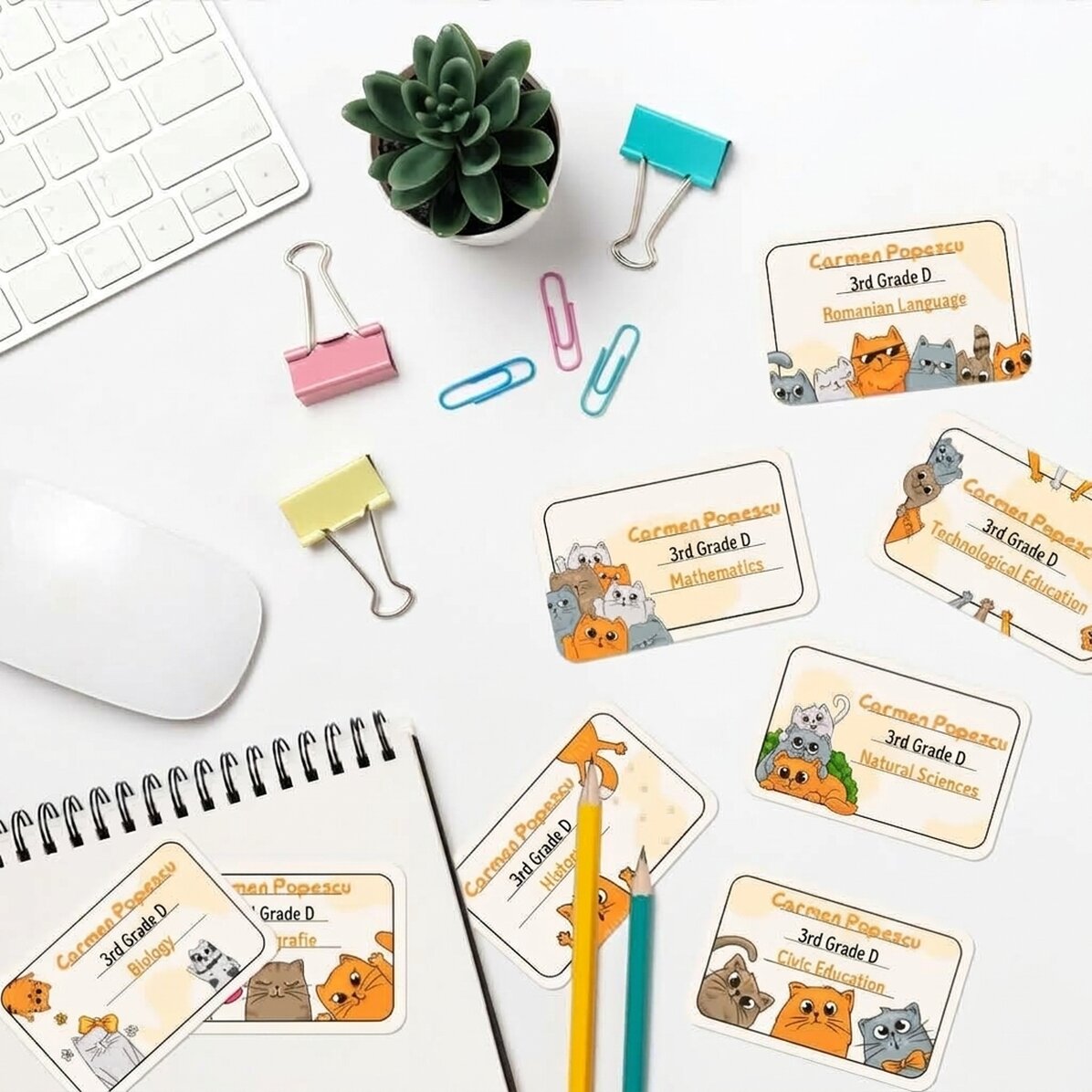 Set van 8 gepersonaliseerde stickers (zelfklevende etiketten) voor school met tekst - Kittens