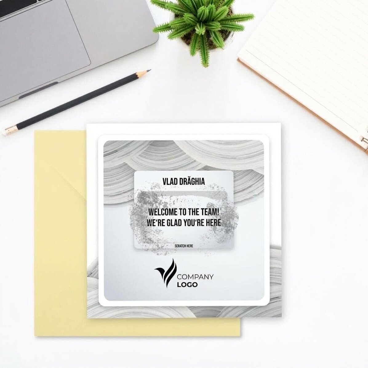 Gepersonaliseerde kraskaart met logo en tekst - White Welcome