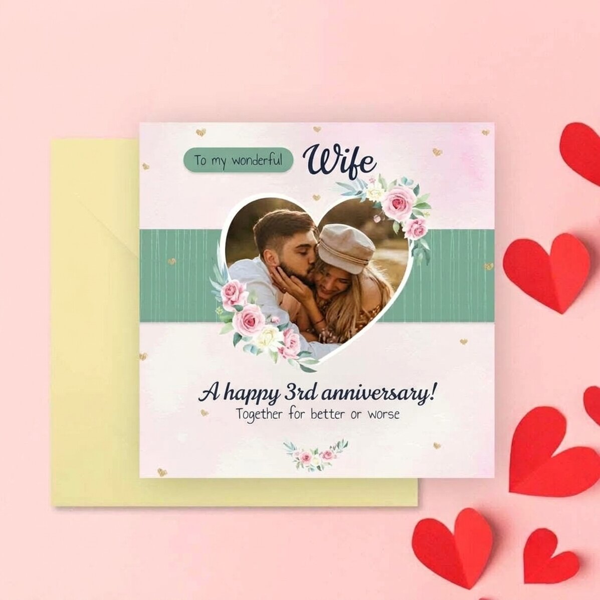 Gepersonaliseerde vierkante kaart met boodschap - Hearts & Roses