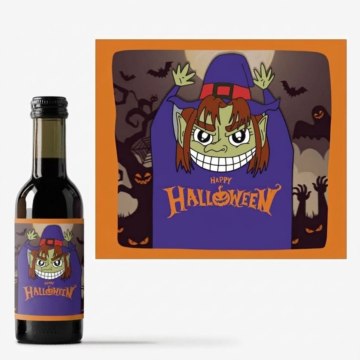 Gepersonaliseerd mini-wijnflesje met tekst - Happy Halloween Witch
