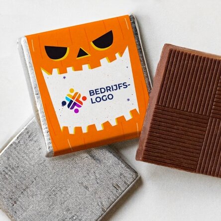Gepersonaliseerde mini-chocolade met logo en Halloween-boodschap – Pompoen