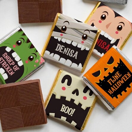 Set van 5 gepersonaliseerde minichocolade met boodschap – Halloween-figuren