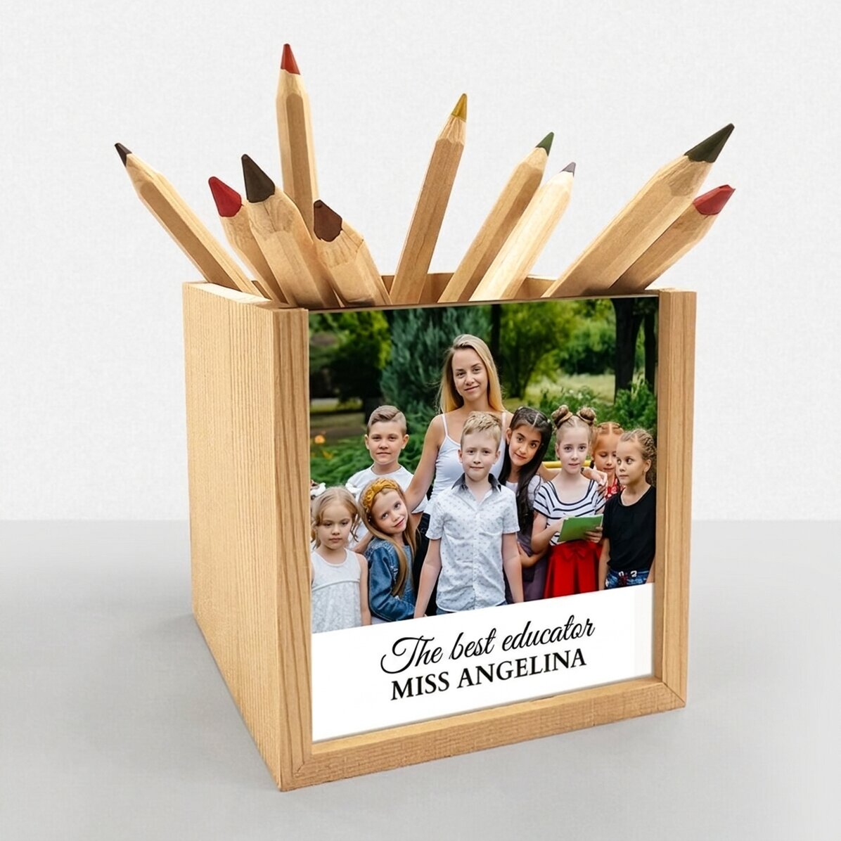 Gepersonaliseerde potloodhouder met een foto en een boodschap