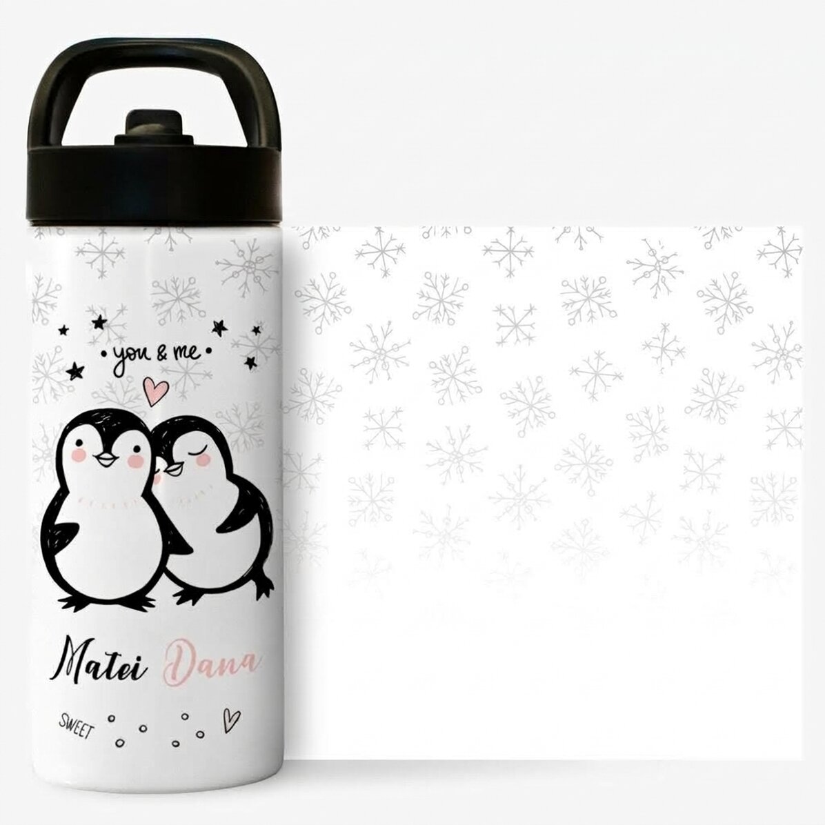 Thermosfles met handvat en rietje, gepersonaliseerd met tekst - You & Me