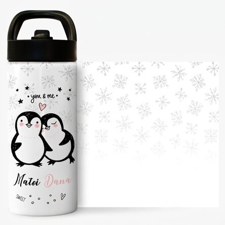 Thermosfles met handvat en rietje, gepersonaliseerd met tekst - You & Me