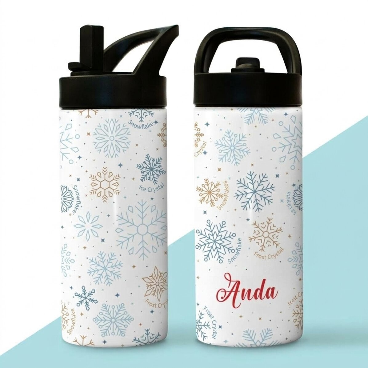 Thermosfles met handvat en rietje, gepersonaliseerd met naam - Sneeuwvlokken