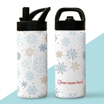 Thermosfles met handvat en rietje, gepersonaliseerd met naam - Sneeuwvlokken