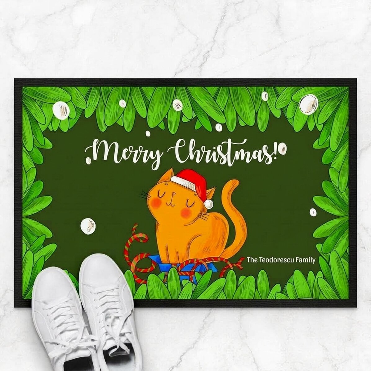 Op maat gemaakte deurmat met tekst - Kerstkat