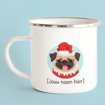 Geëmailleerde metalen mok met naam - Kerstpuppy's