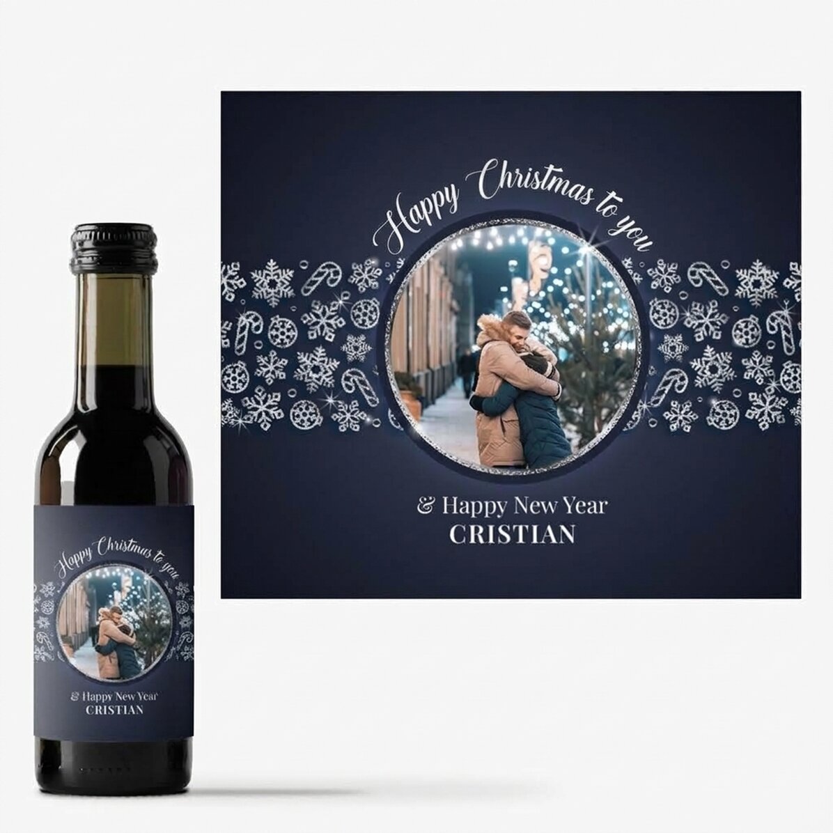 Gepersonaliseerd mini-wijnflesje met foto en tekst - Shiny Snowflakes