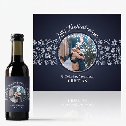 Gepersonaliseerd mini-wijnflesje met foto en tekst - Shiny Snowflakes