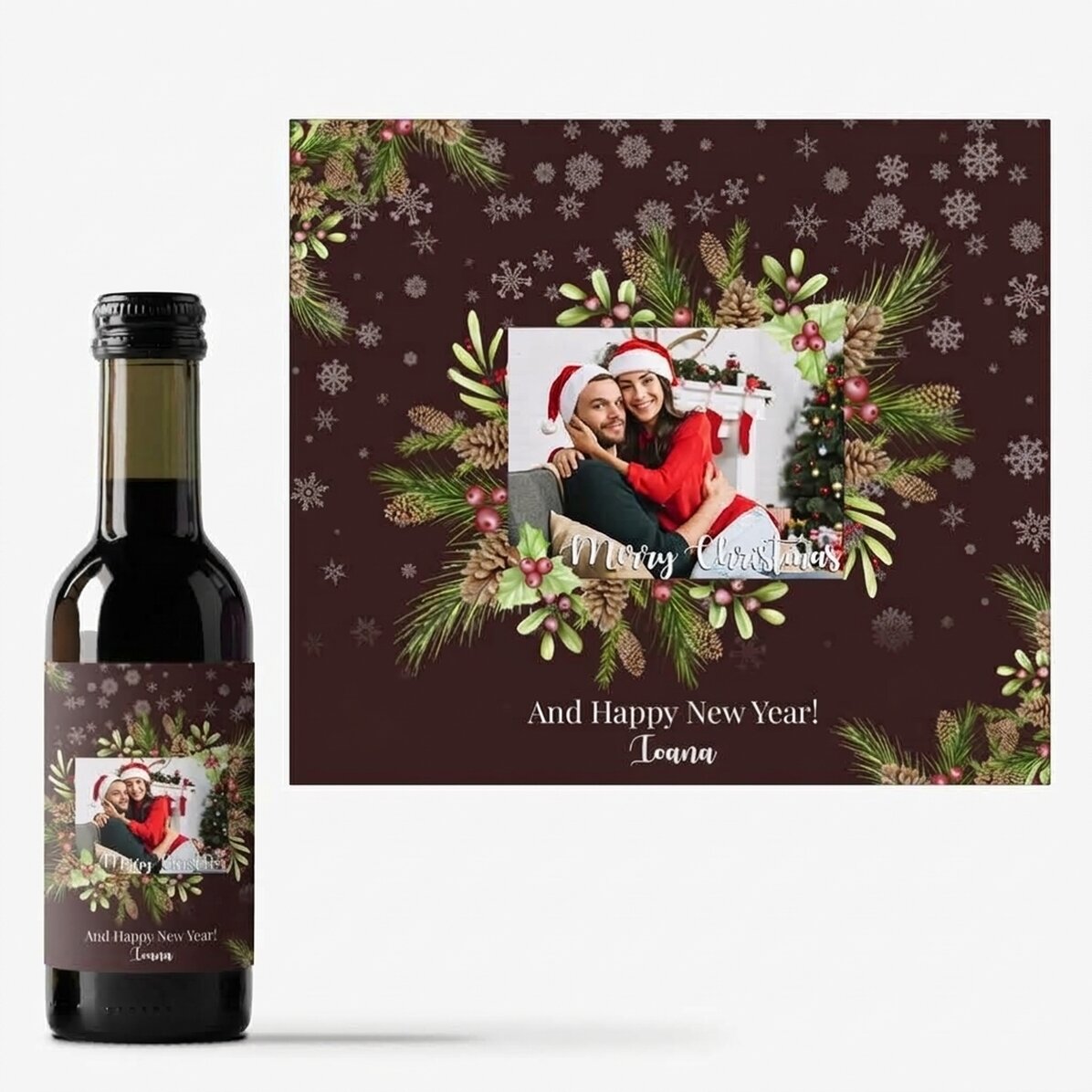 Gepersonaliseerd mini-wijnflesje met foto en tekst - Kerstversieringen
