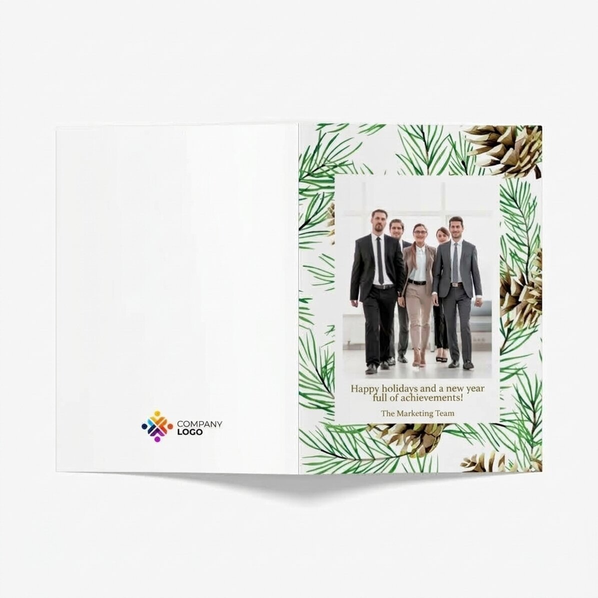 Gepersonaliseerde wenskaart (voorkant en achterkant) met tekst, foto en logo - Kerstkegels