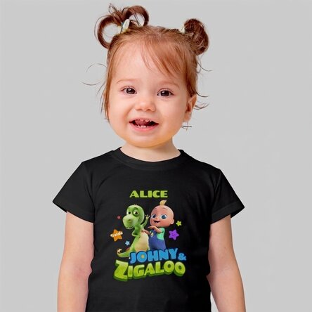 Katoenen T-shirt voor kinderen, gepersonaliseerd met naam - Johny en Zigaloo TraLaLa