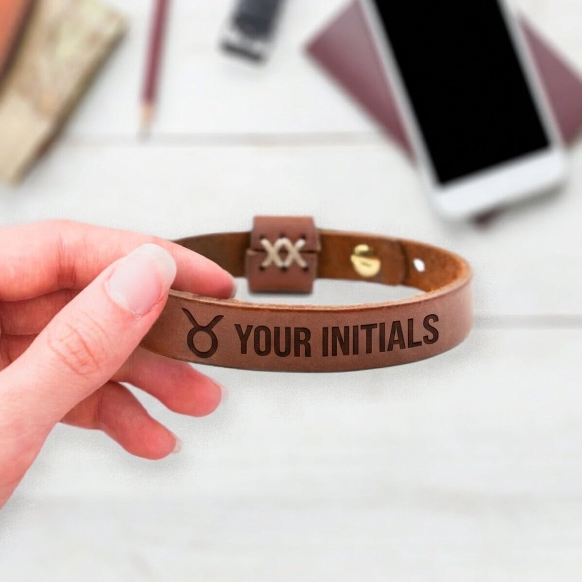 Personalised leather bracelet with initials and Taurus zodiac sign